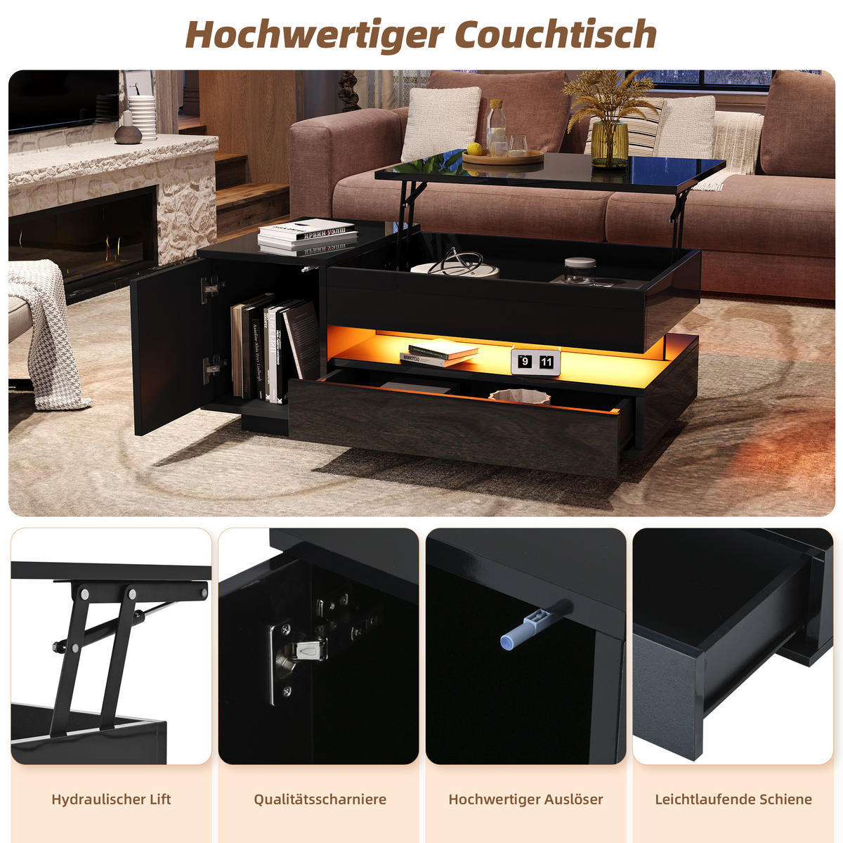 COUCHTISCH DE-195 Schwarz mit Hebefunktion und LED - Schwarz, Holzwerkstoff (50/95/40cm) - ComfortXL