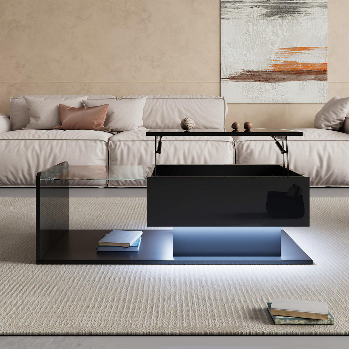 COUCHTISCH Hochglanz Glas LED schwarz - Schwarz, Holzwerkstoff (50/100/47.5cm) - LEBENLANG