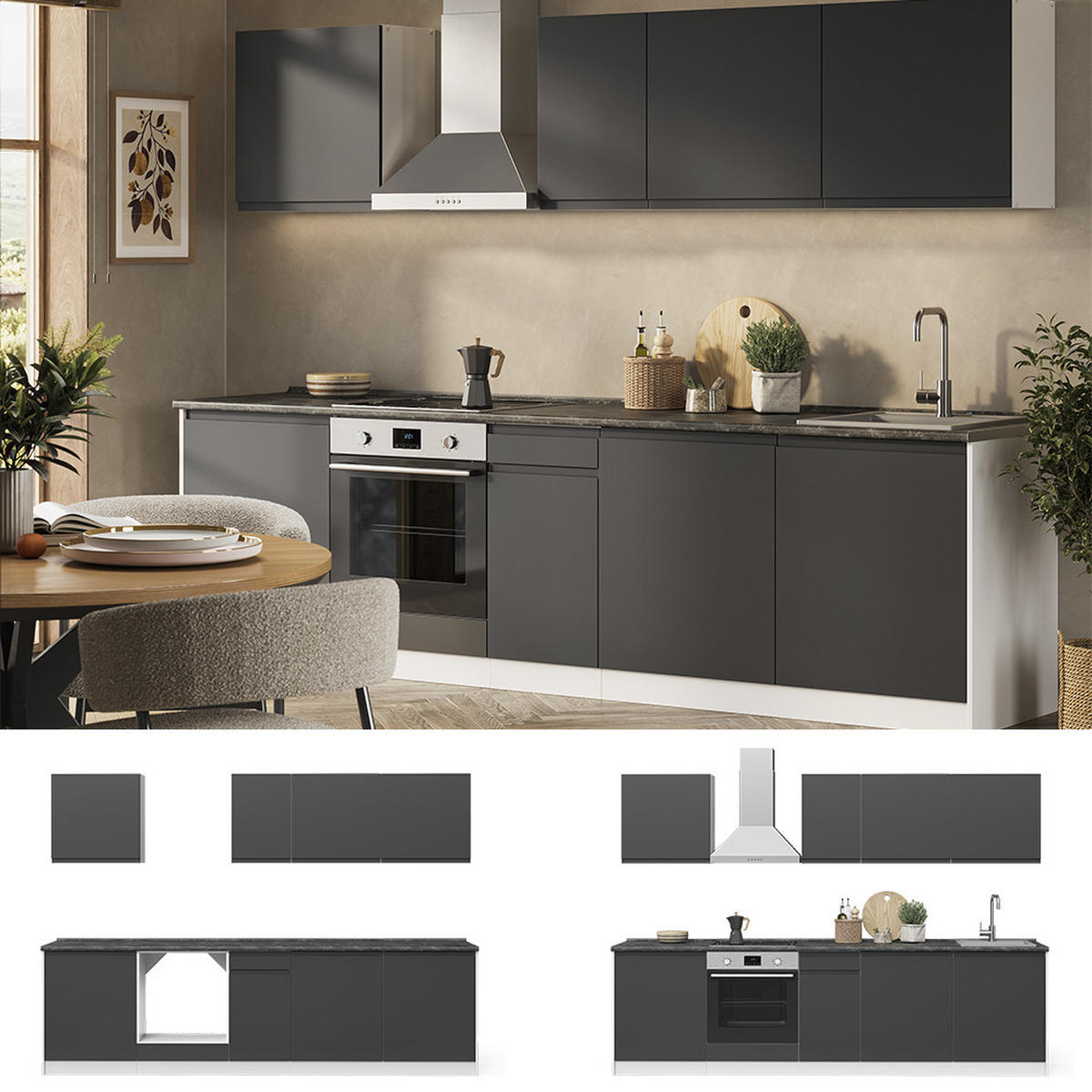 KÜCHENZEILE R-Line, Anthrazit/Weiß, 280 cm Arbeitsplatte Satin - Anthrazit/Weiß, Holzwerkstoff (280/206.8/60cm) - Vicco