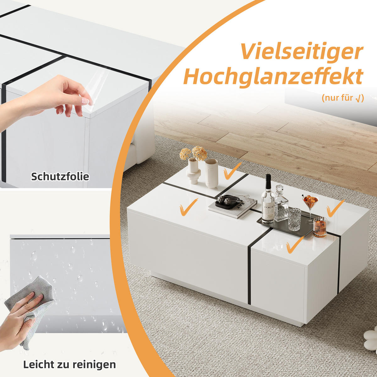 COUCHTISCH 100/60/40 cm Weiß Schwarz aus Holzwerkstoff mit 4 Schubladen und Hochglanzplatte - Schwarz, Holzwerkstoff (100/60/40cm) - OKWISH