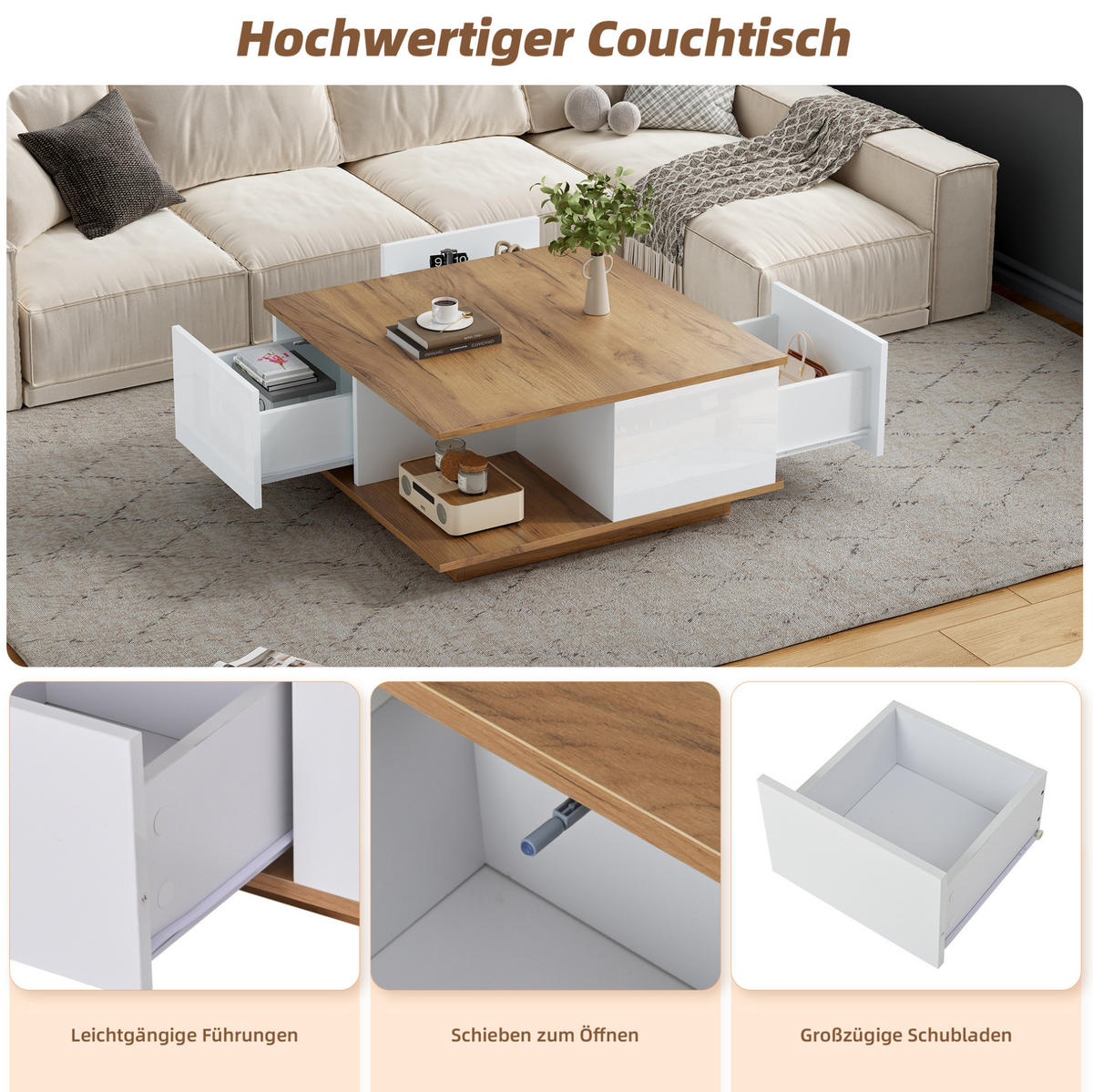 COUCHTISCH 70/70/31,5 cm mit 3 Schubladen und offenem Fach, Hochglanz-Fronten aus Spanplatte, Weiß/Walnuss - Walnussfarben, Holzwerkstoff (70/70/31.5cm) - Modfu
