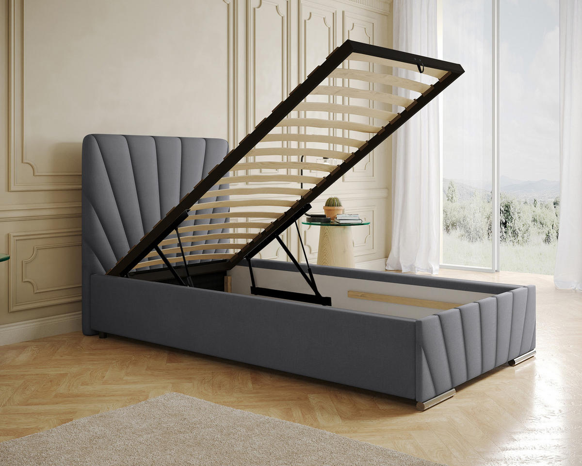 POLSTERBETT Ray 100 x 200 cm mit Bettkasten und Lattenrost Taschenfederkernmatratze mit Kokos 20cm- grau - Grau, Holz (100/200cm) - Homesy