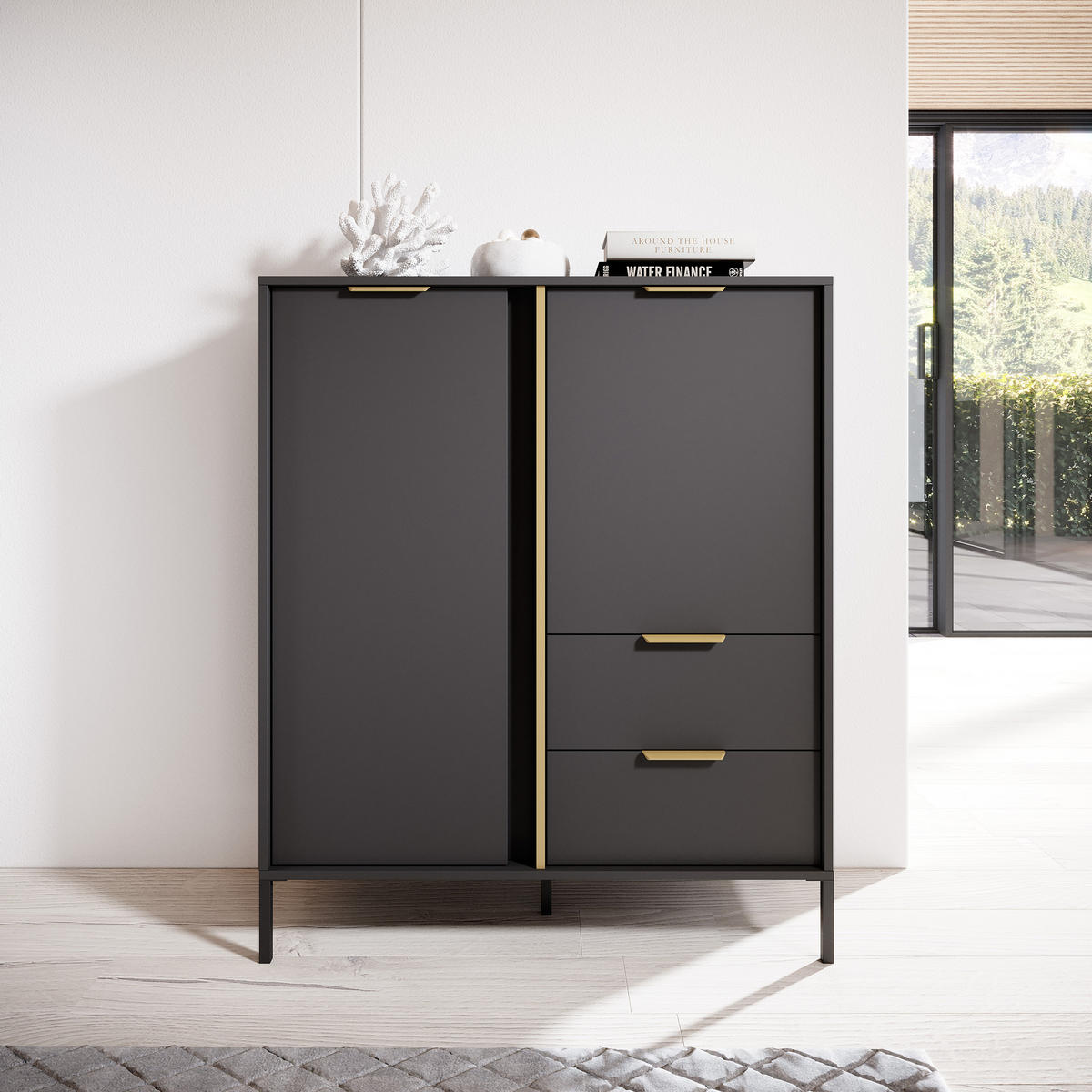 HIGHBOARD LORENZO 100/189/40 cm mit 2 Schubladen und 2 Türen Anthrazit - Anthrazit, Holzwerkstoff (100/189/40cm) - MASSENO