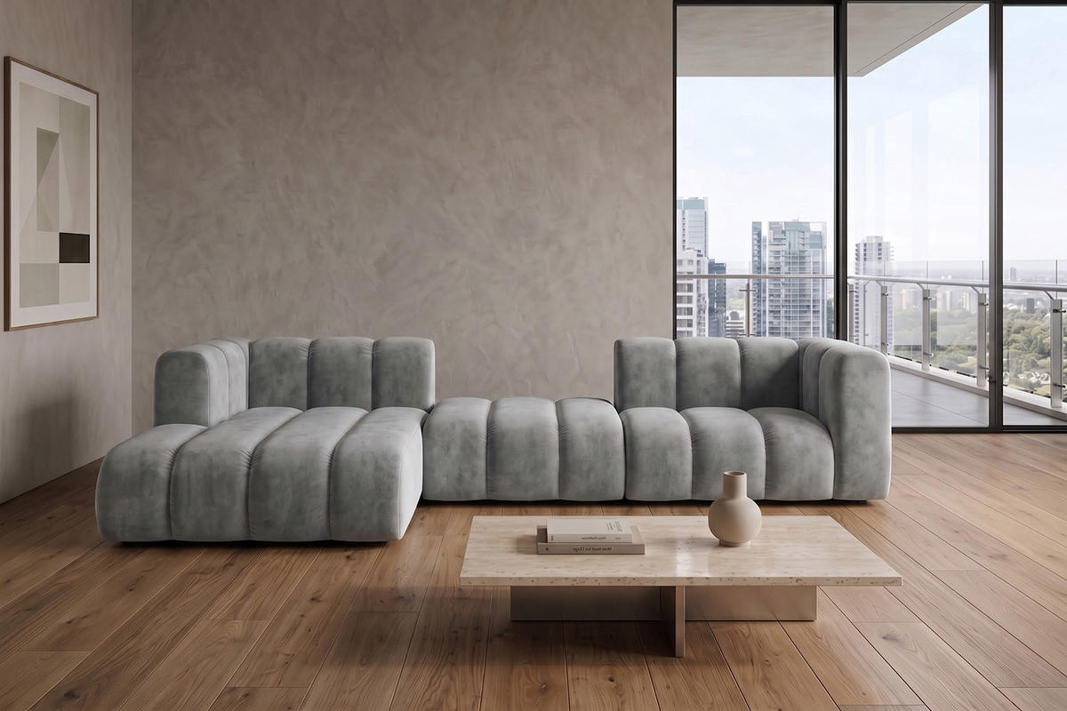 ECKSOFA Modulares In L-Form, Velvet-Stoff Riviera, Grau, Links, GRAND 319 cm - Grau, Holz (319/175cm) - Kaiser Möbel