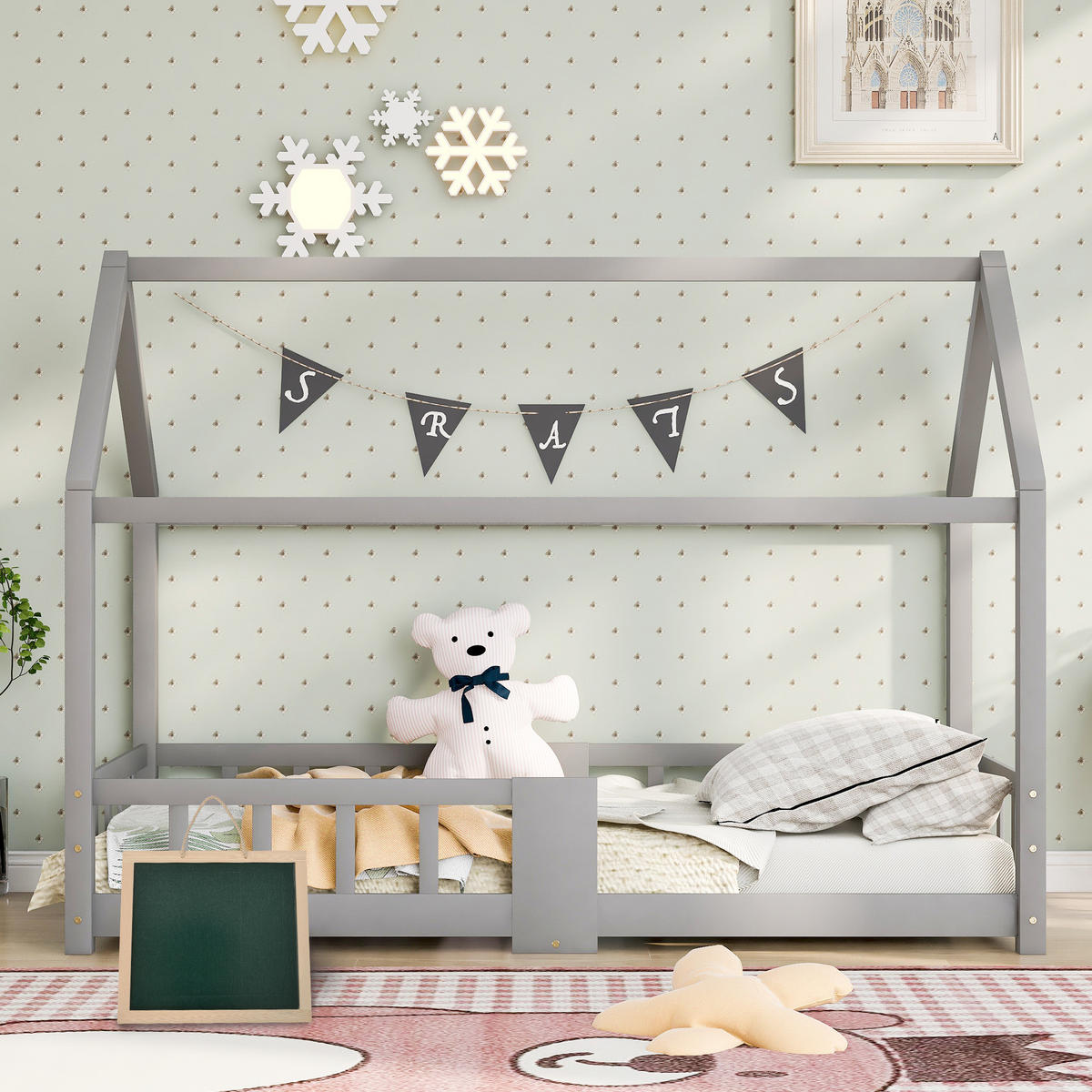 KINDERBETT Hausbett 90/200 cm mit Tafel, Lattenrost und Rausfallschutz aus Kiefernholz, Grau - Grau, Holzwerkstoff - Redom