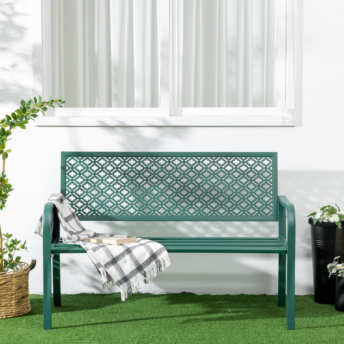 ZÁHRADNÁ lavica 127/63/83 cm tmavozelená z ocele s operadlom a podrúčkami pre 2 osoby - tmavozelená, kov (63/83/127cm) - OKWISH