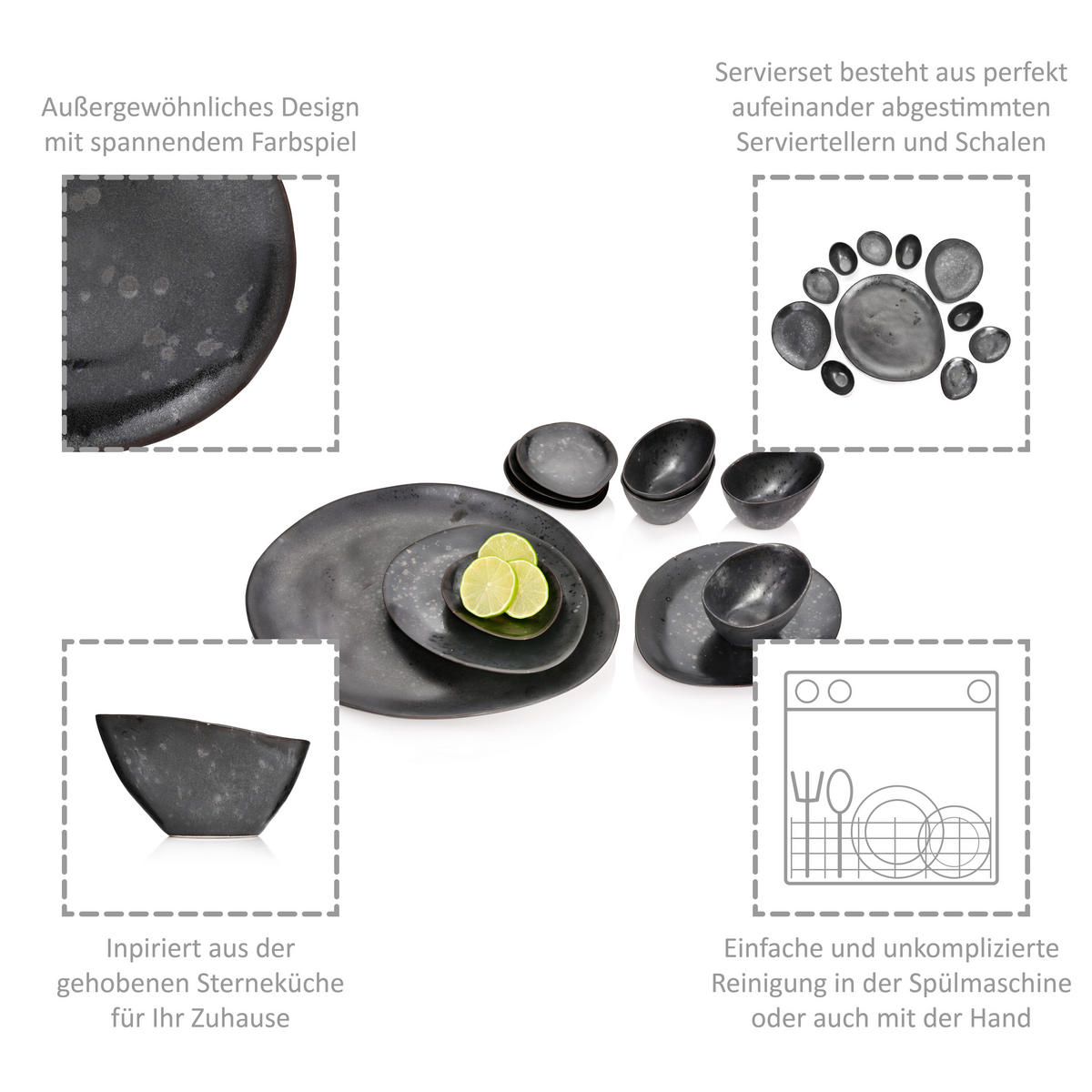 SERVIERPLATTEN SET TOMBEY - 11 teilig aus Steingut - Dunkelgrau, Keramik (16.5/32/38cm) - Sänger