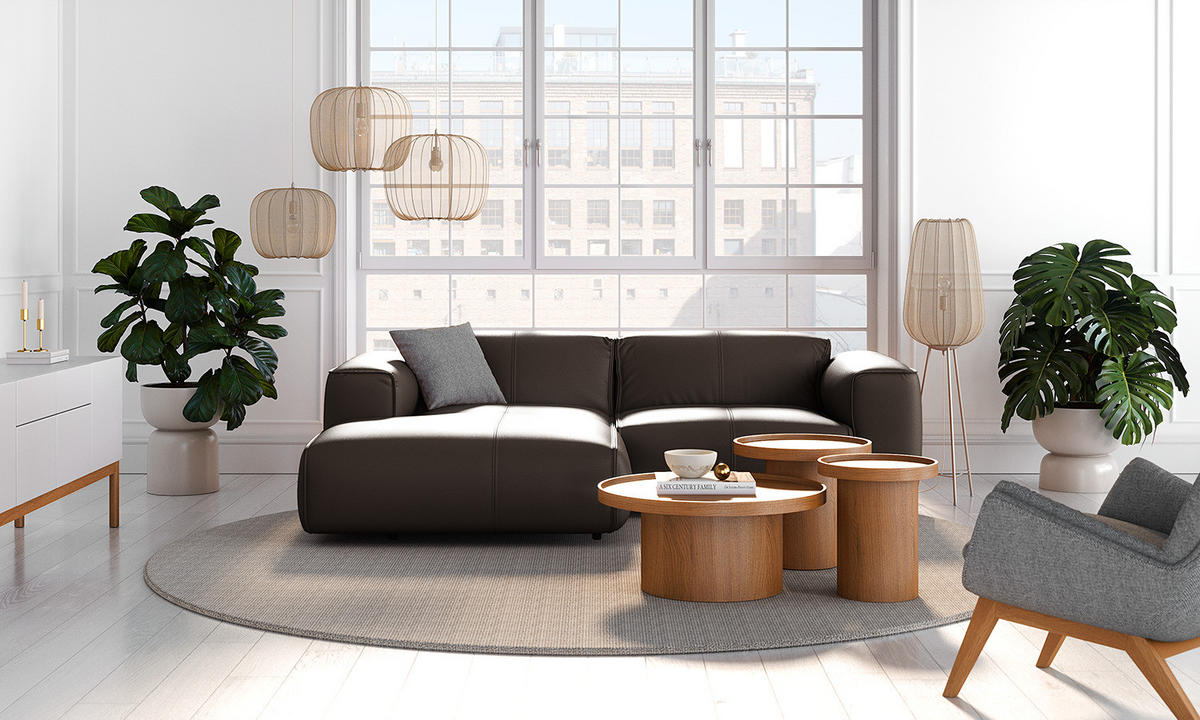 ECKSOFA mit XL-Longchair - Dunkelbraun/Schwarz, Leder/Kunststoff (260/171cm) - home24