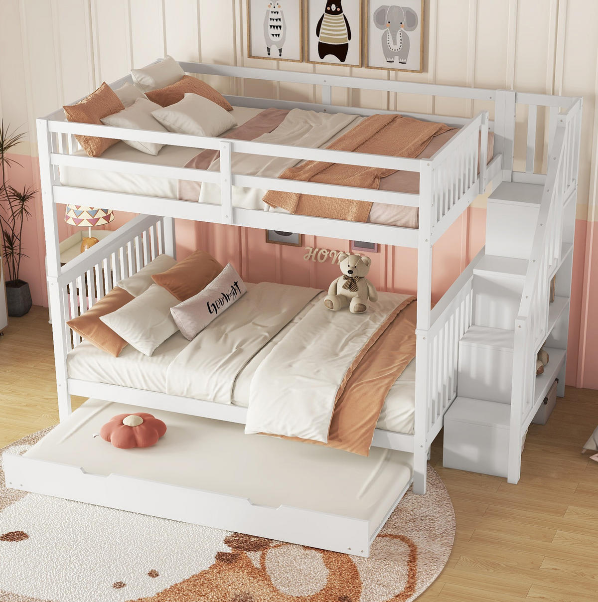 ETAGENBETT 140/200 cm aus Kiefer und MDF mit Treppenregal und ausziehbarem Rollbett Weiß - Weiß, Holz (140/200cm) - Modenvie