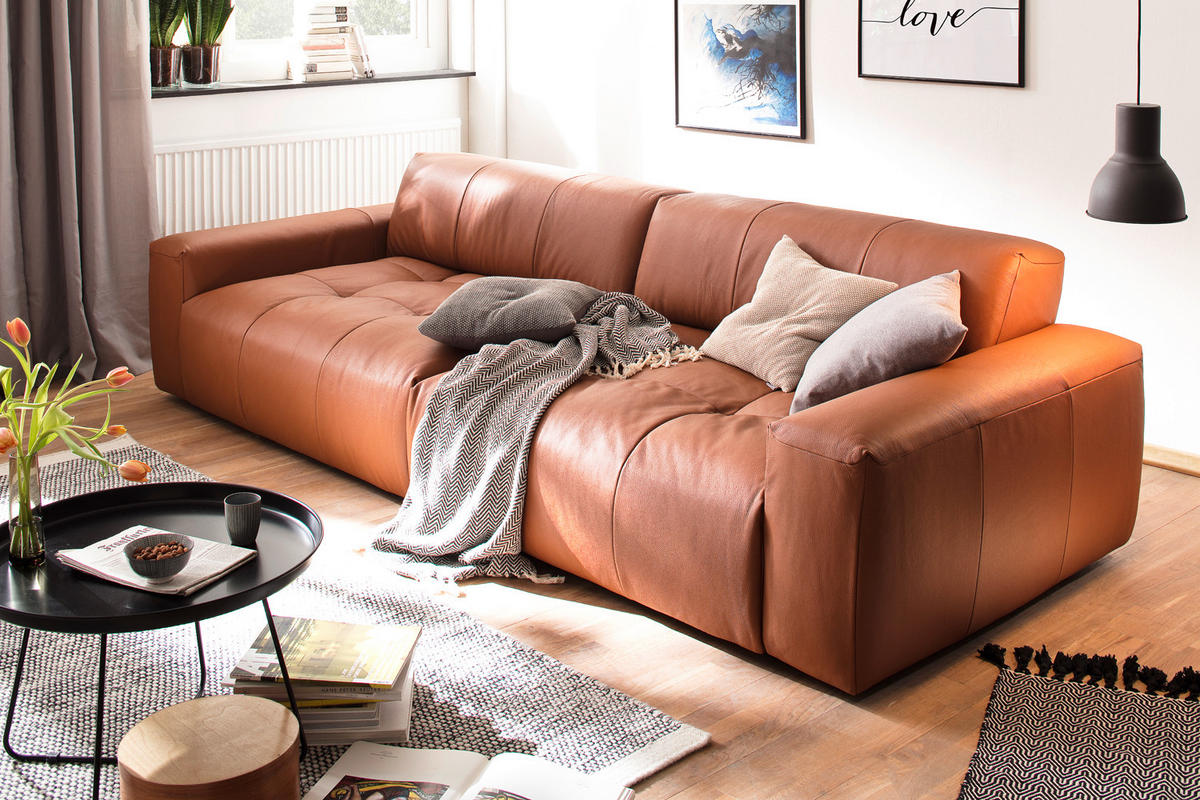 LEDERSOFA MIT SITZTIEFENVER. PALACE Braun Leder - Dunkelbraun/Braun, Leder (298/74/120cm) - KAWOLA