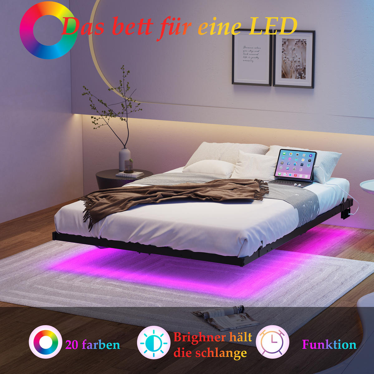 METALLBETT 140/200 cm in Schwarz mit LED und USB - Schwarz, Metall (140/200cm) - WISHDOR