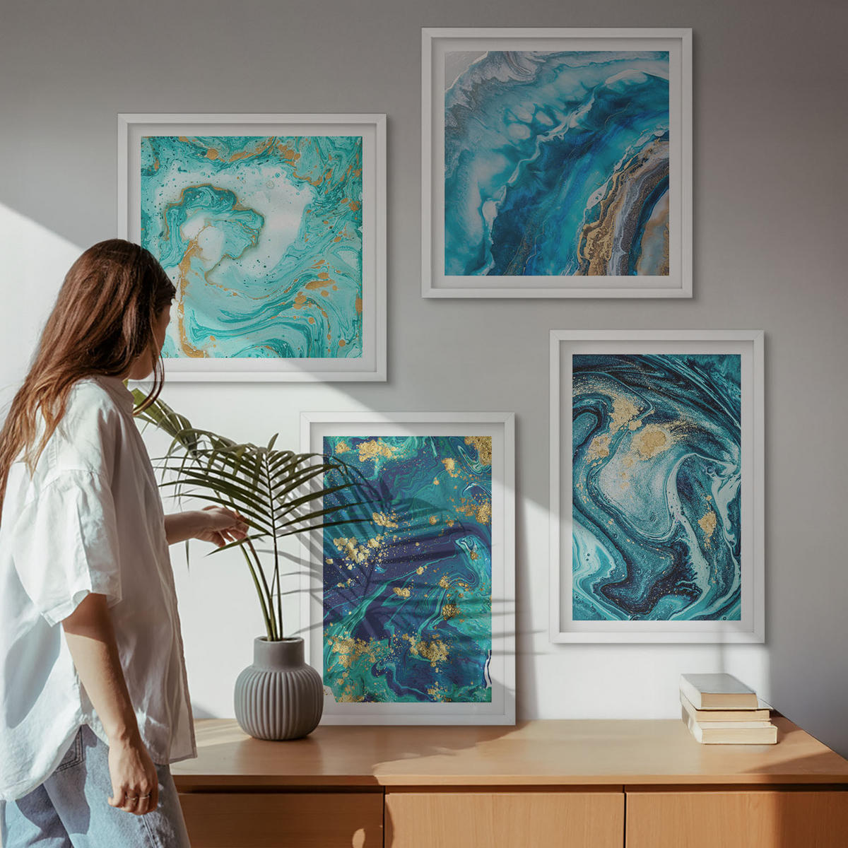 BILDER SET 4er Set - 50x50 cm & 40x60 cm Weißer Rahmen - Abstraktionen dekorativer Malerei - Weiß, Kunststoff (50/50cm) - TULUP