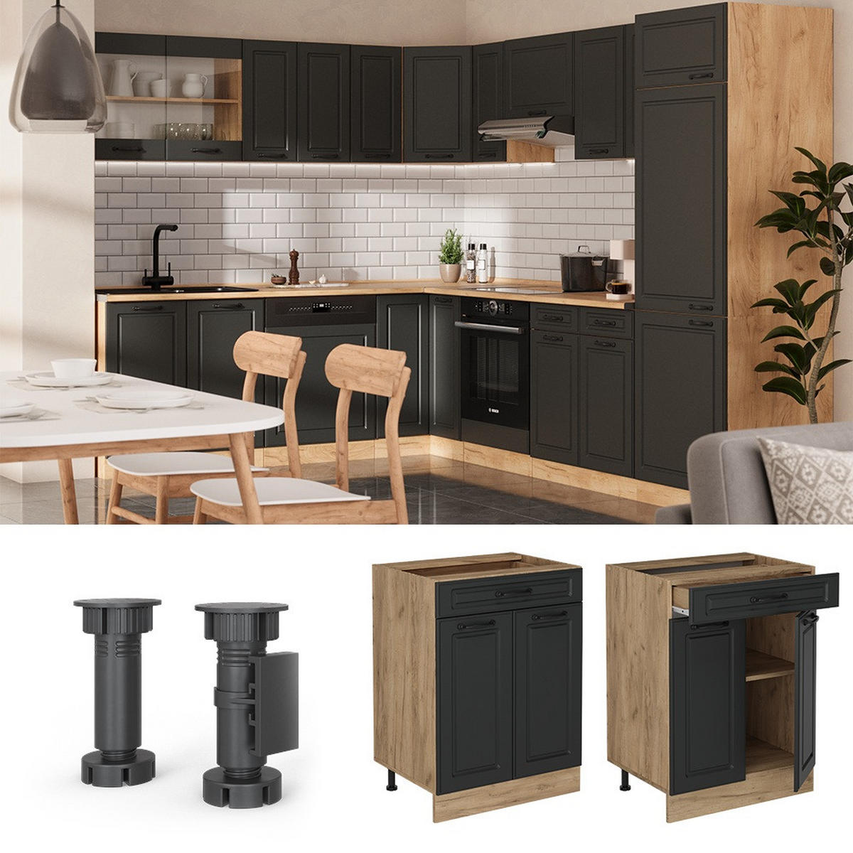 SPODNÍ SKŘÍŇKA KUCHYŇSKÉ LINKY R-Line Antracitový venkovský dům - medově dubová/antracitová, kompozitní dřevo (60/81.6/60cm) - Vicco