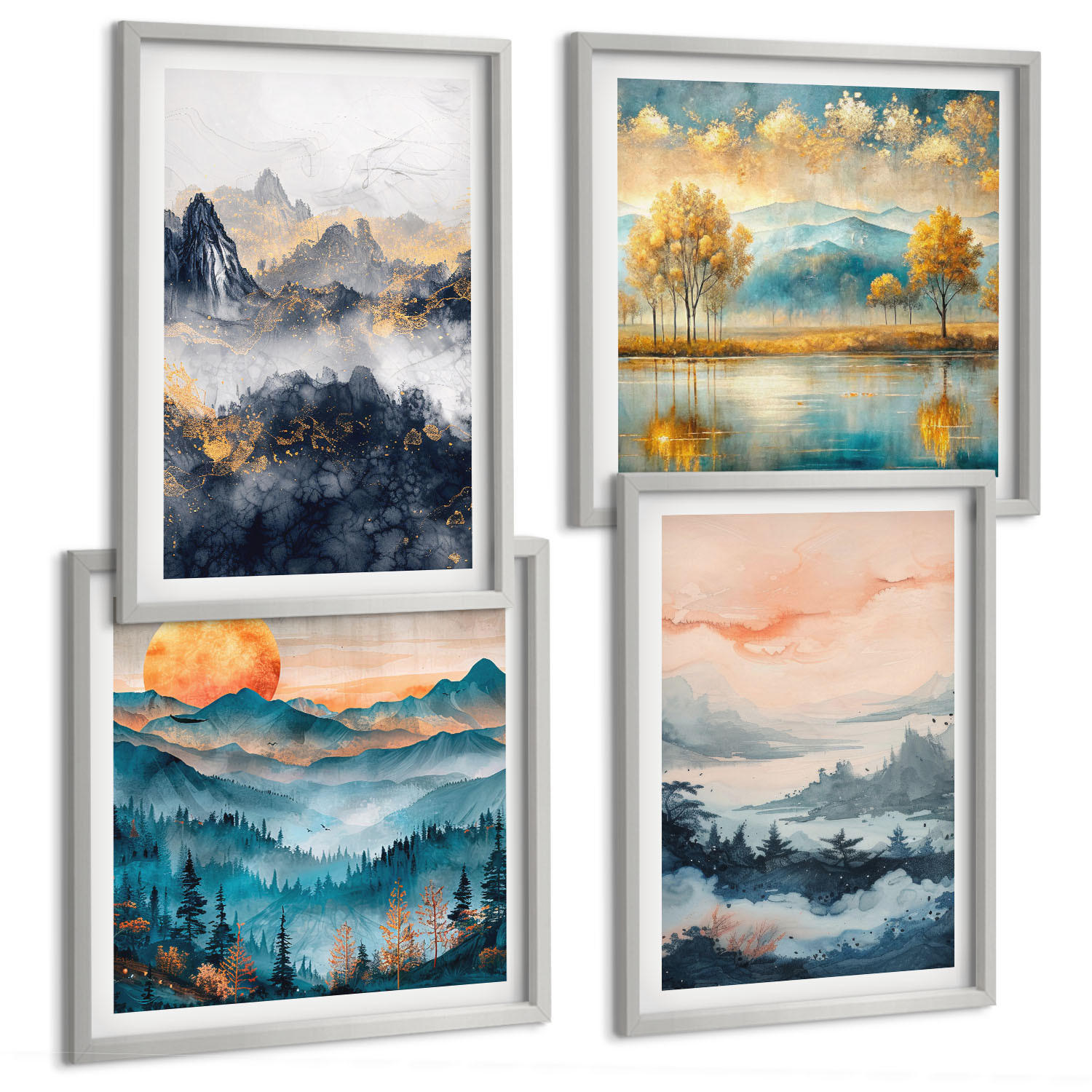 BILDER SET 4er Set - 50x50 cm & 40x60 cm Silberner Rahmen - Gemalte Abstraktionen der Natur - Silberfarben, Kunststoff (50/50cm) - TULUP