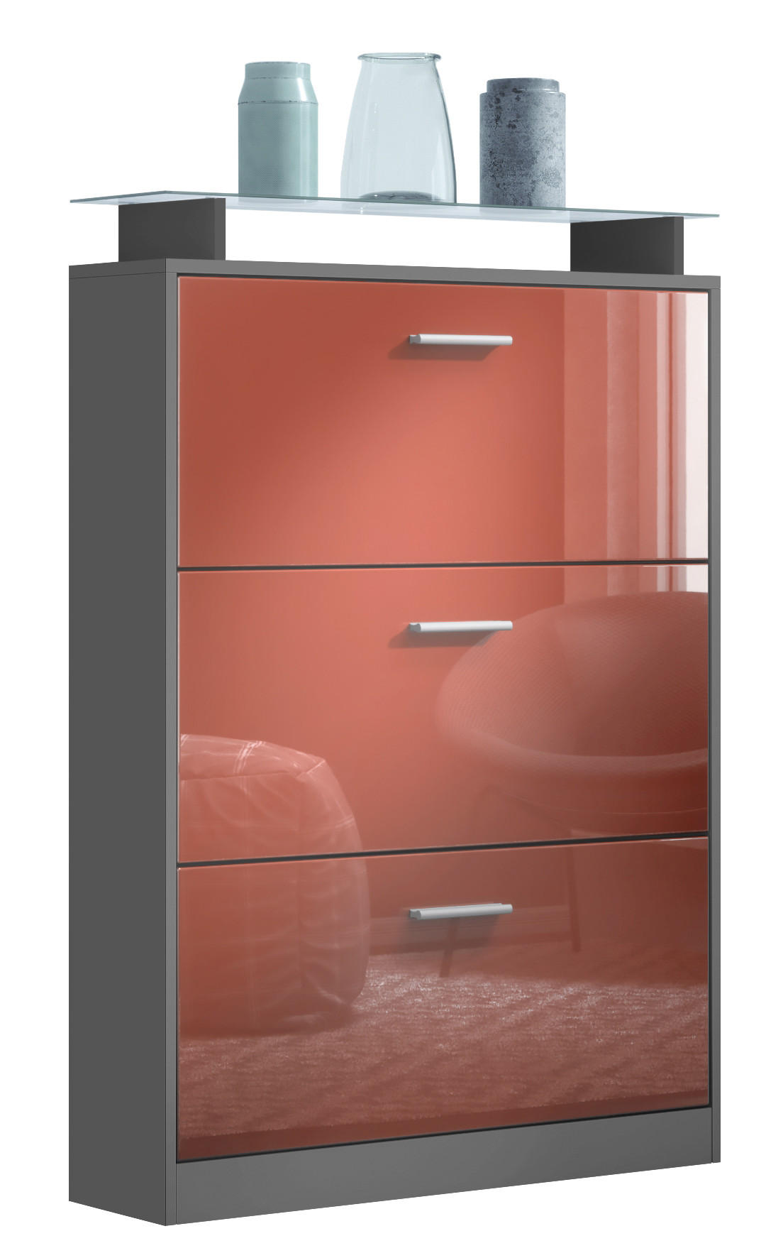 SCHUHSCHRANK Lavia Front in Bordeaux Hochglanz - Bordeaux, Holzwerkstoff (89/128/23cm) - Vladon