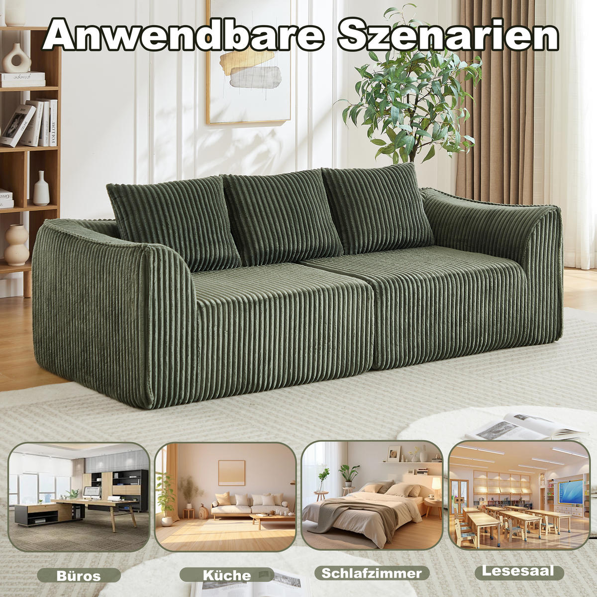 2-SITZER SOFA Cord Minimalistisch & Modular - Grün, Textil (185/72.5/101cm) - Urban Meuble