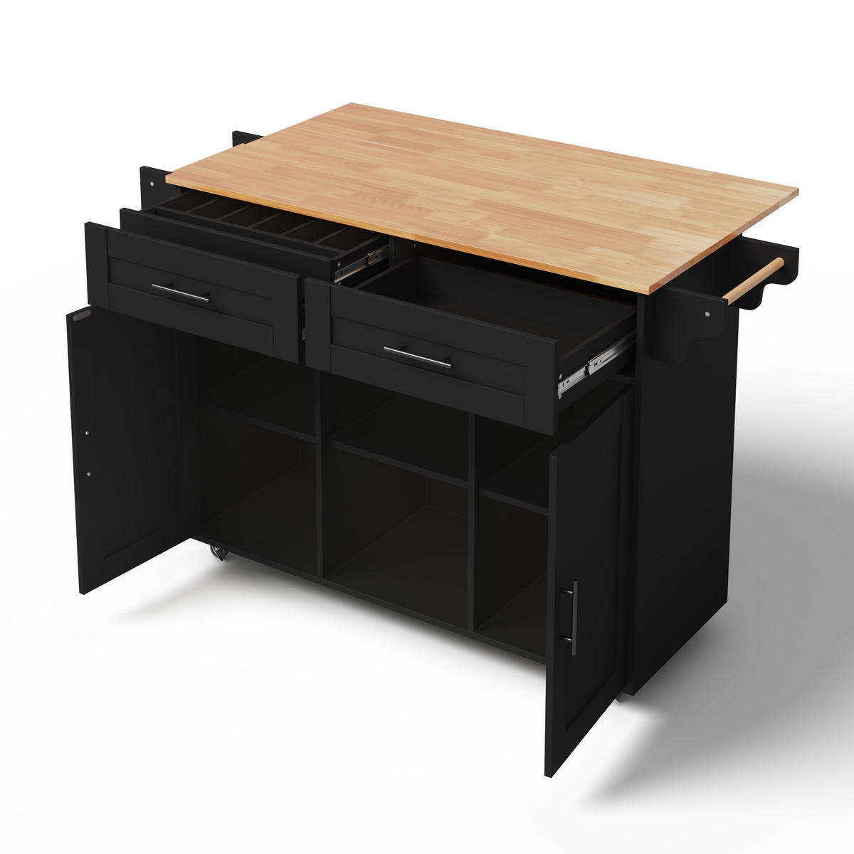 KÜCHENINSEL 145/45/94.5 cm Schwarz mit 2 Schublade, klappbarer Arbeitsplatte und 5 Rollen - Schwarz, Holz/Holzwerkstoff (145/94.5/70cm) - Oxeza