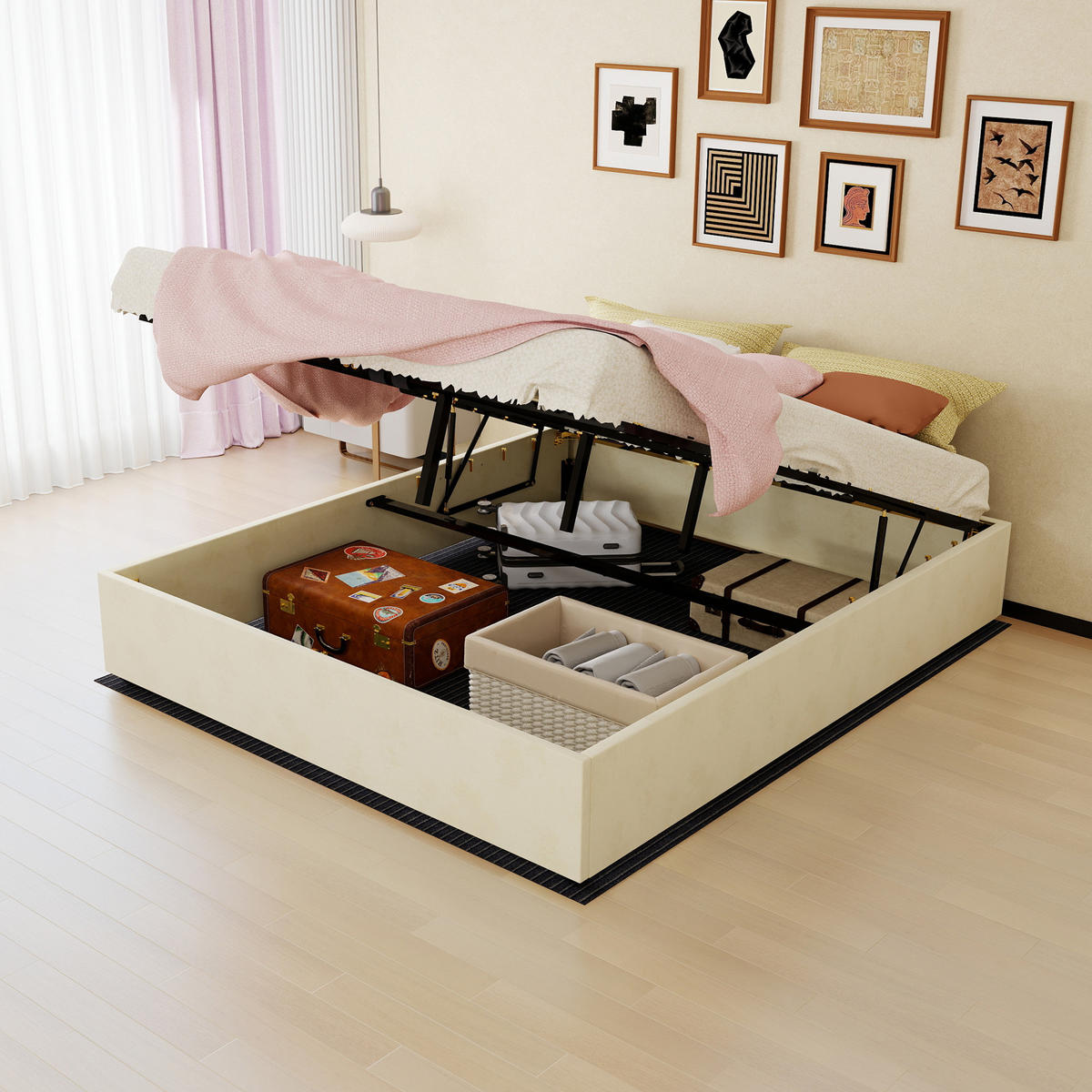 STAURAUMBETT 160/200 cm DE-35414 mit Gaslift Beige - Beige, Metall (160/200cm) - ComfortXL