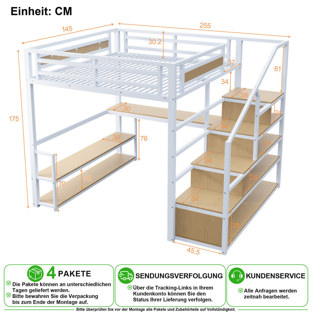 HOCHBETT 140/200 cm in Weiß mit Aufbewahrungsleiter, Regal und Tisch - Weiß, Holzwerkstoff/Metall (140/200cm) - CHICFURN