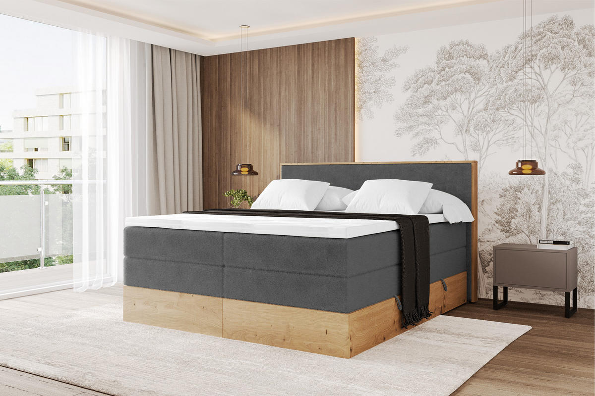 BOXSPRINGBETT LOLLI9 -KING 160x200 - H3/H4 Dunkelgrau - Graphitfarben, Holzwerkstoff (160/200cm) - ALTDECOR