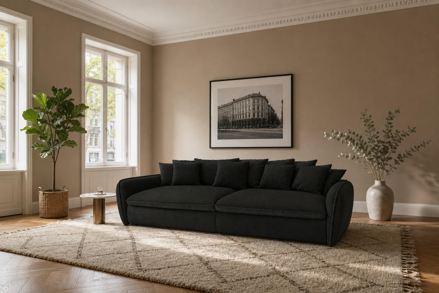 BIGSOFA Hereford XXL Velvet Grau inkl. 12 Kissen 274/131/61 cm - Anthrazit, Kunststoff/Textil (274/61/131cm) - foamnova
