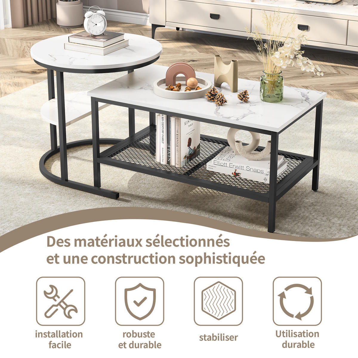 COUCHTISCH 2er Set rund schiebbar Beistelltisch Metall schwarz - Schwarz, Holz (46/80/41cm) - LEBENLANG