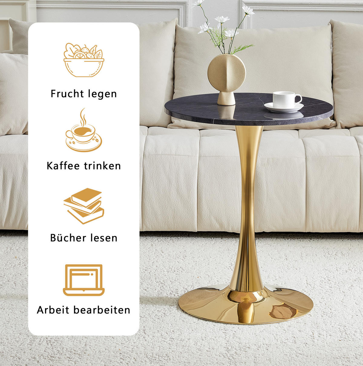 BEISTELLTISCH 60/60/72 cm mit runder MDF-Tischplatte in Marmoroptik und Metallgestell, Schwarz/Gold - Schwarz, Holzwerkstoff (60/60/72cm) - Redom