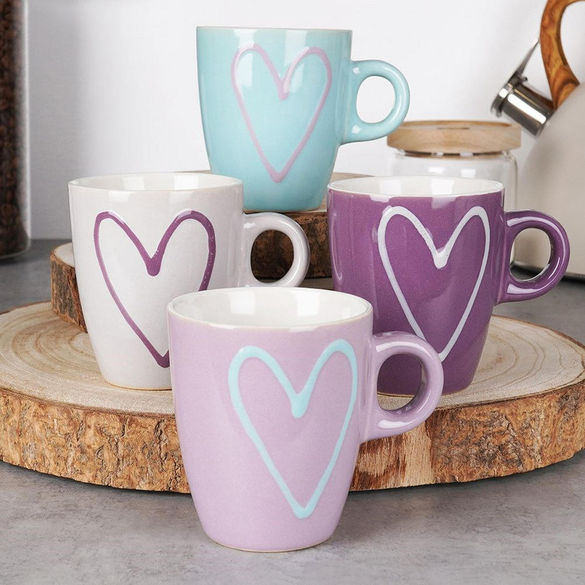 KERAMIKBECHER-SET HERZ, Keramik, bunt, 4 Stk., 210 ml - Pink, Keramik (0.21L) - Orion 