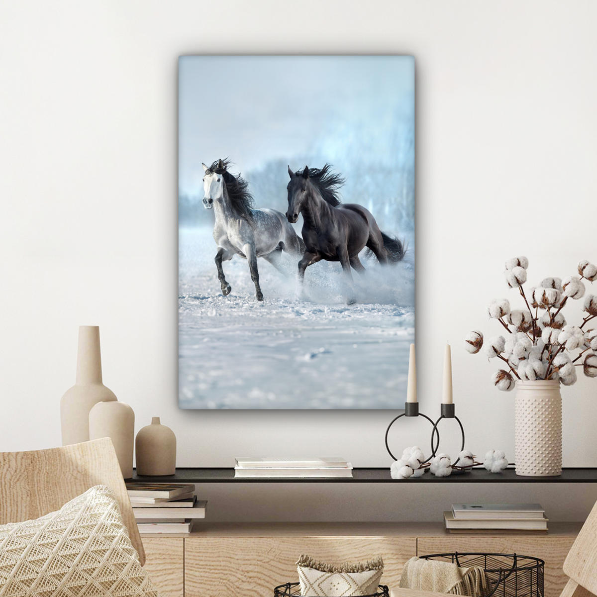 LEINWANDBILD Pferde - Winter - Tiere - Natur - Schnee Wanddeko 40x60 cm - Anthrazit, Textil (40/60cm) - MuchoWow