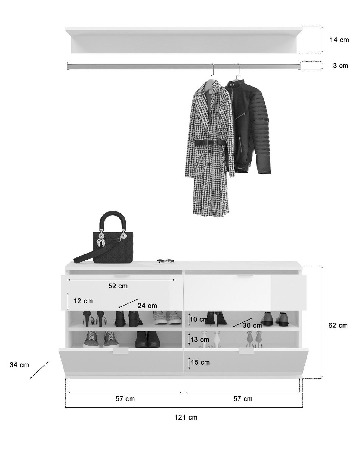 GARDEROBEN-SET weiß Hochglanz 121 cm, Komplettset mit Kleiderstange - Chromfarben/Weiß Hochglanz, Holzwerkstoff/Metall (121/79/34cm) - Inn.Furn