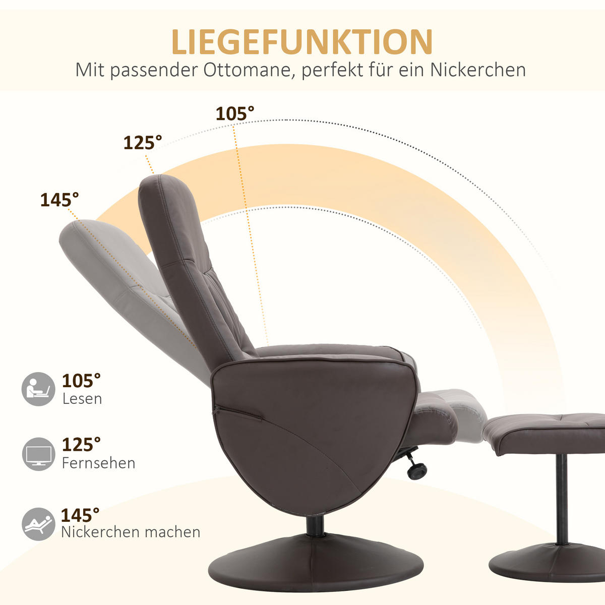 RELAXSESSEL mit Hocker, Fernsehsessel, TV Sessel mit Liegefunktion, Kunstleder - Braun, Metall (76/101/81cm) - HOMCOM