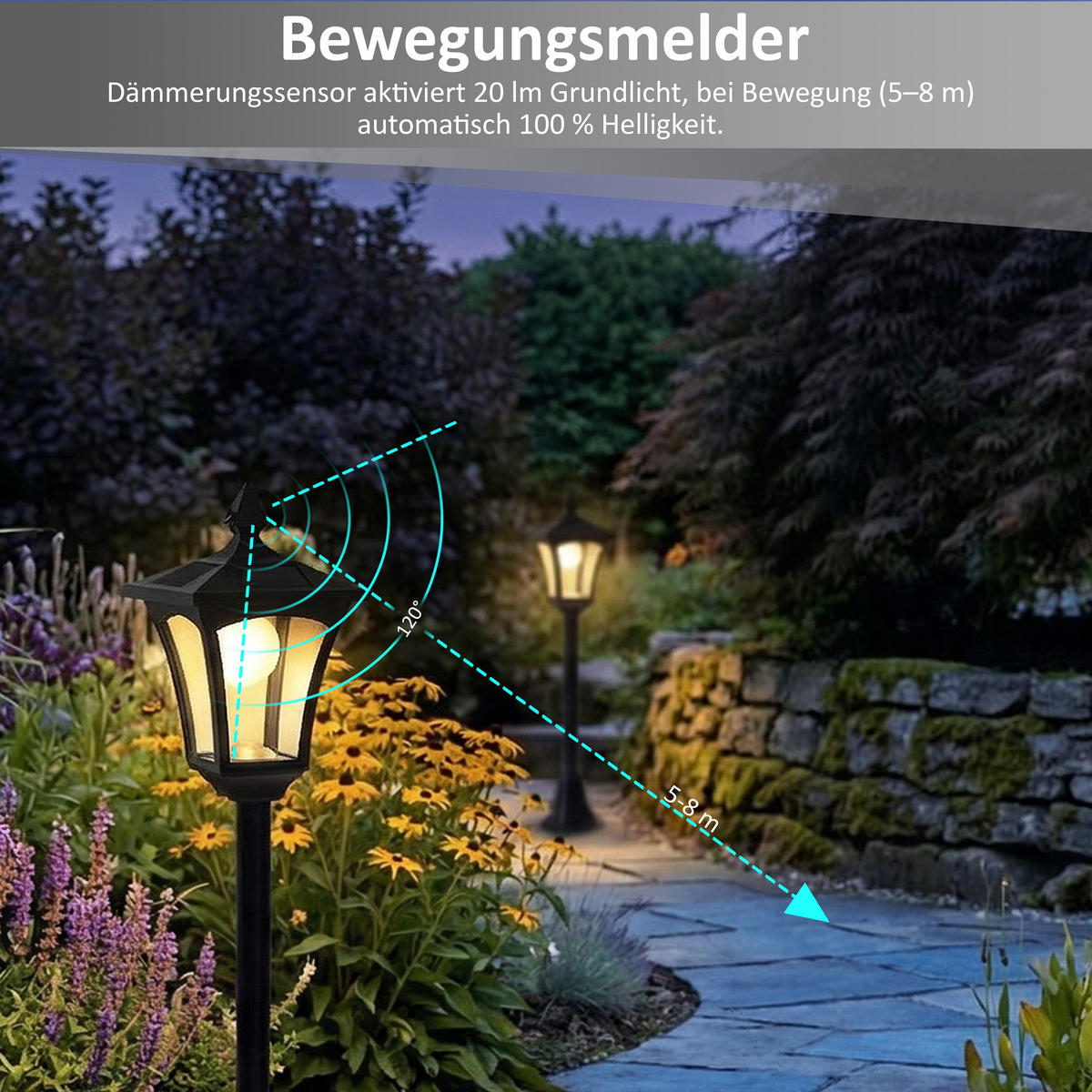 LED-SOLAR-GARTENSTEHLEUCHTE mit Bewegungsmelder Dämmerungssensor für Garten Terasse Balkon warmweißes Licht 3000K 20lm IP44 3-in-1 - Schwarz, Kunststoff (17.5/17.5/175cm) - Northpoint