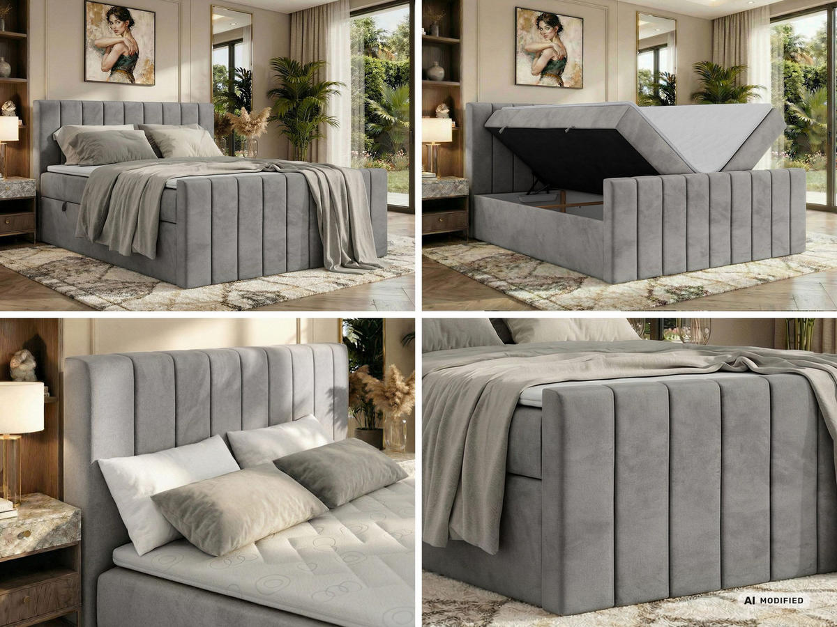 BOXBETT ALVER DUO 160/200 - Hellgrau Velvet - Topper T25 - H3 - Hellgrau, Textil (160/200cm) - MKS