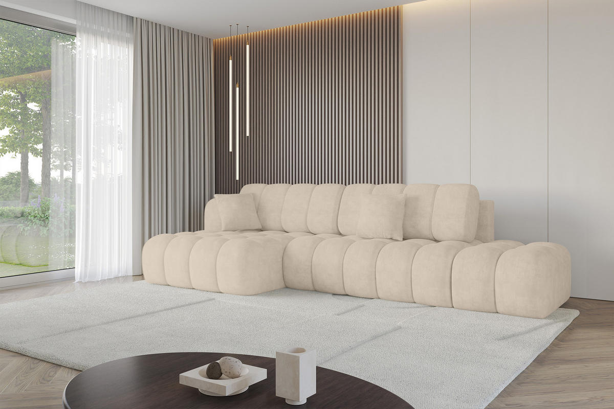 ECKSOFA mit Schlaffunktion Ottomane Links OLEA-L2 321x164x75 Beige Velours - Sandfarben/Schwarz, Holzwerkstoff/Kunststoff (321/164cm) - ALTDECOR