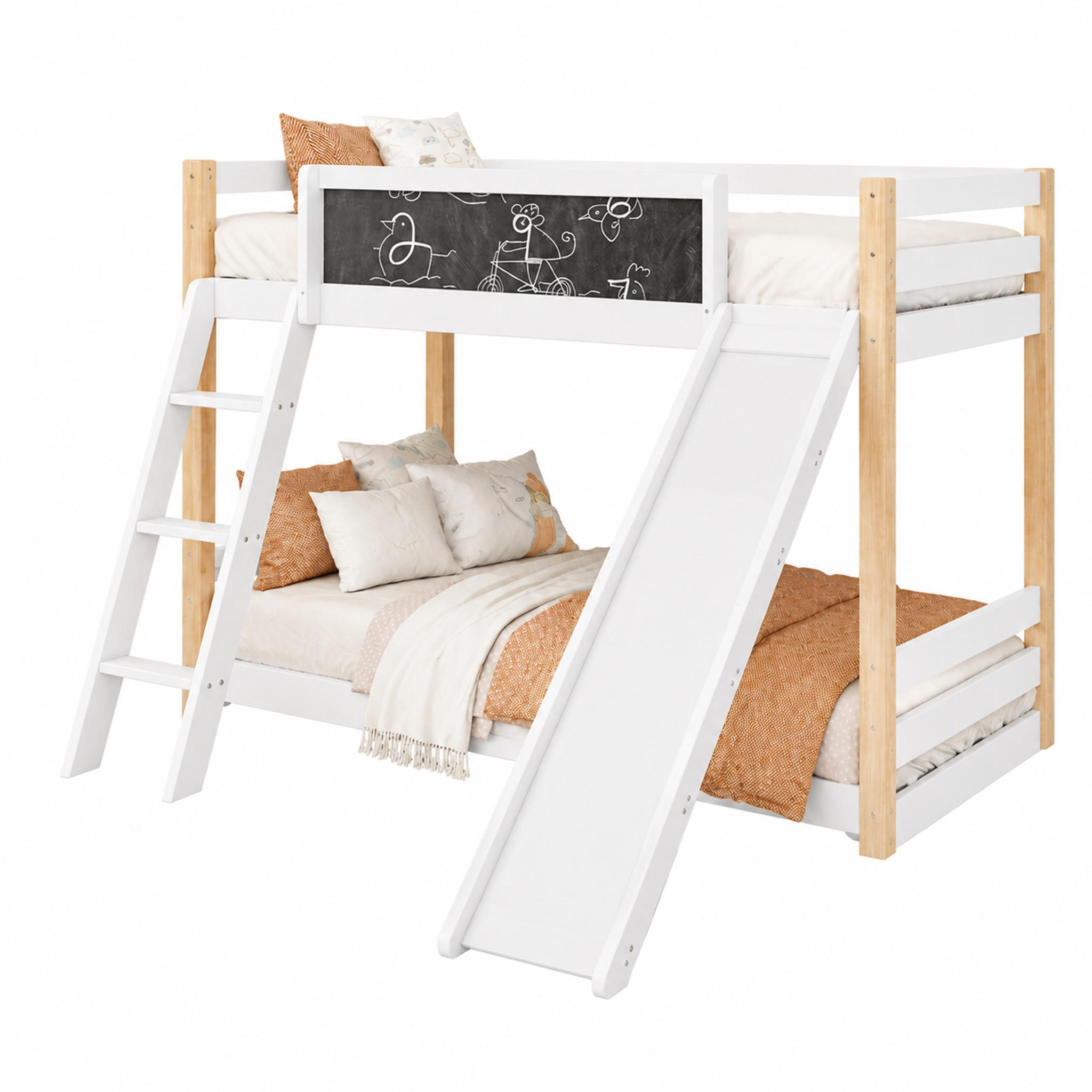 ETAGENBETT mit Rutsche und Treppe 90x200/90x190 cm Weiß Holz - Weiß, Holz (90/200cm) - Meubliv