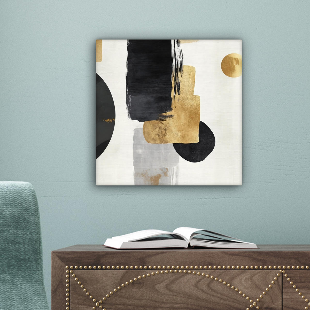 LEINWANDBILD Gold - Rechtecke - Kreise - Abstrakt Deko Wohnzimmer 20x20 cm - Weiß, Textil (20/20cm) - MuchoWow