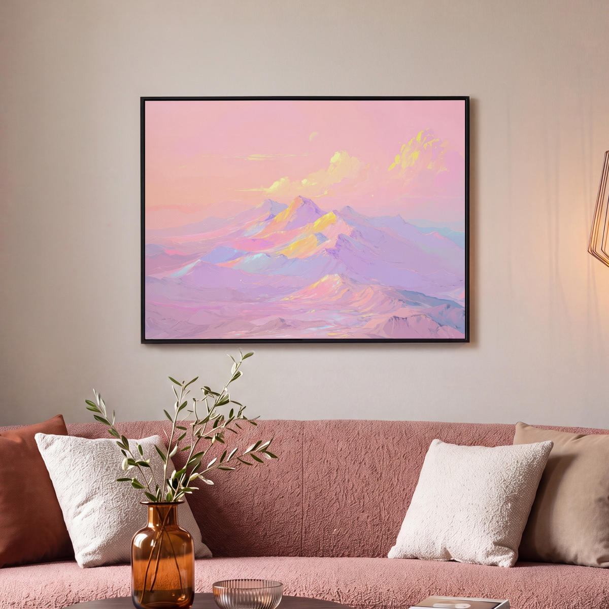 LEINWAND Bilder mit Rahmen - Berggipfel - Wolken - Verträumt - 70x50 - Hellrosa, Textil (70/50cm) - OnlyWow