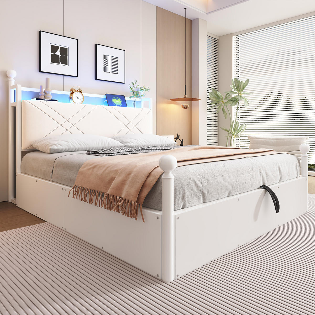 POLSTERBETT 140/190 cm Weiß mit LED-Beleuchtung und USB-/Typ-C - Weiß, Holz (140/190cm) - Oxeza