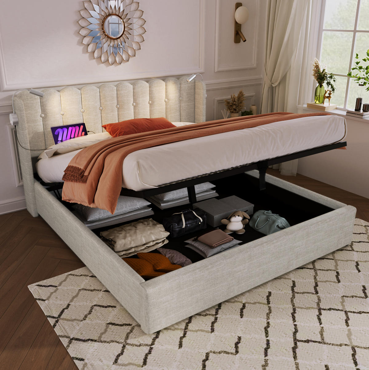 POLSTERBETT mit Stauraum, USB und Leselicht 140x200 cm Leinen Natur - Beige, Metall (140/200cm) - Meubliv