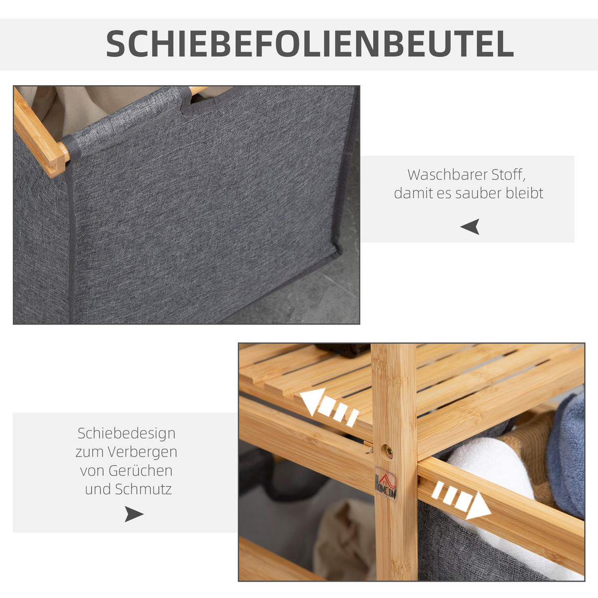 WÄSCHEKORB, Bambus, Polyester Natur+Grau - Naturfarben/Grau, Naturmaterialien (35/84.5/42cm) - HOMCOM