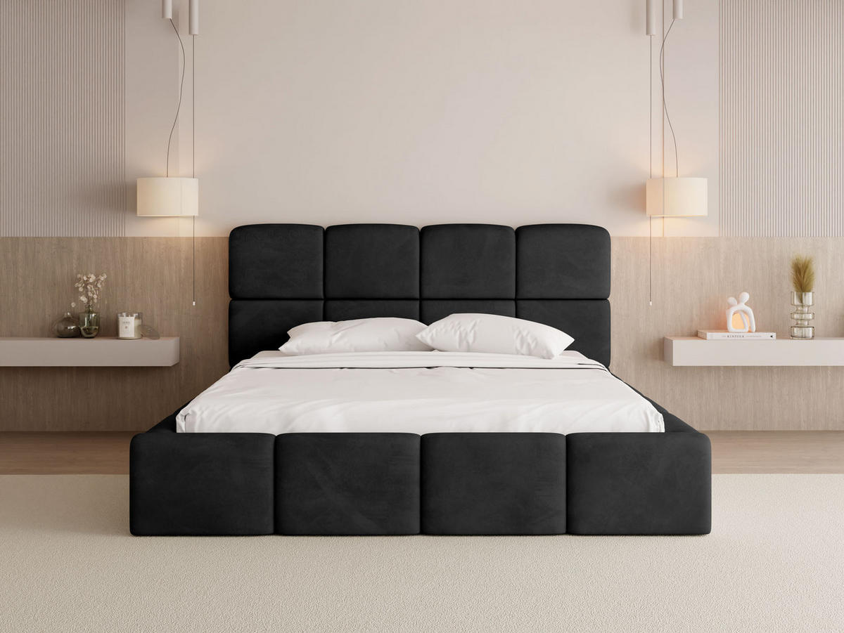POLSTERBETT Tivio mit Bettkasten, Schwarz Samt 200x200 cm - Schwarz Hochglanz/Birkefarben, Holz/Holzwerkstoff (200/200cm) - WFL GROUP