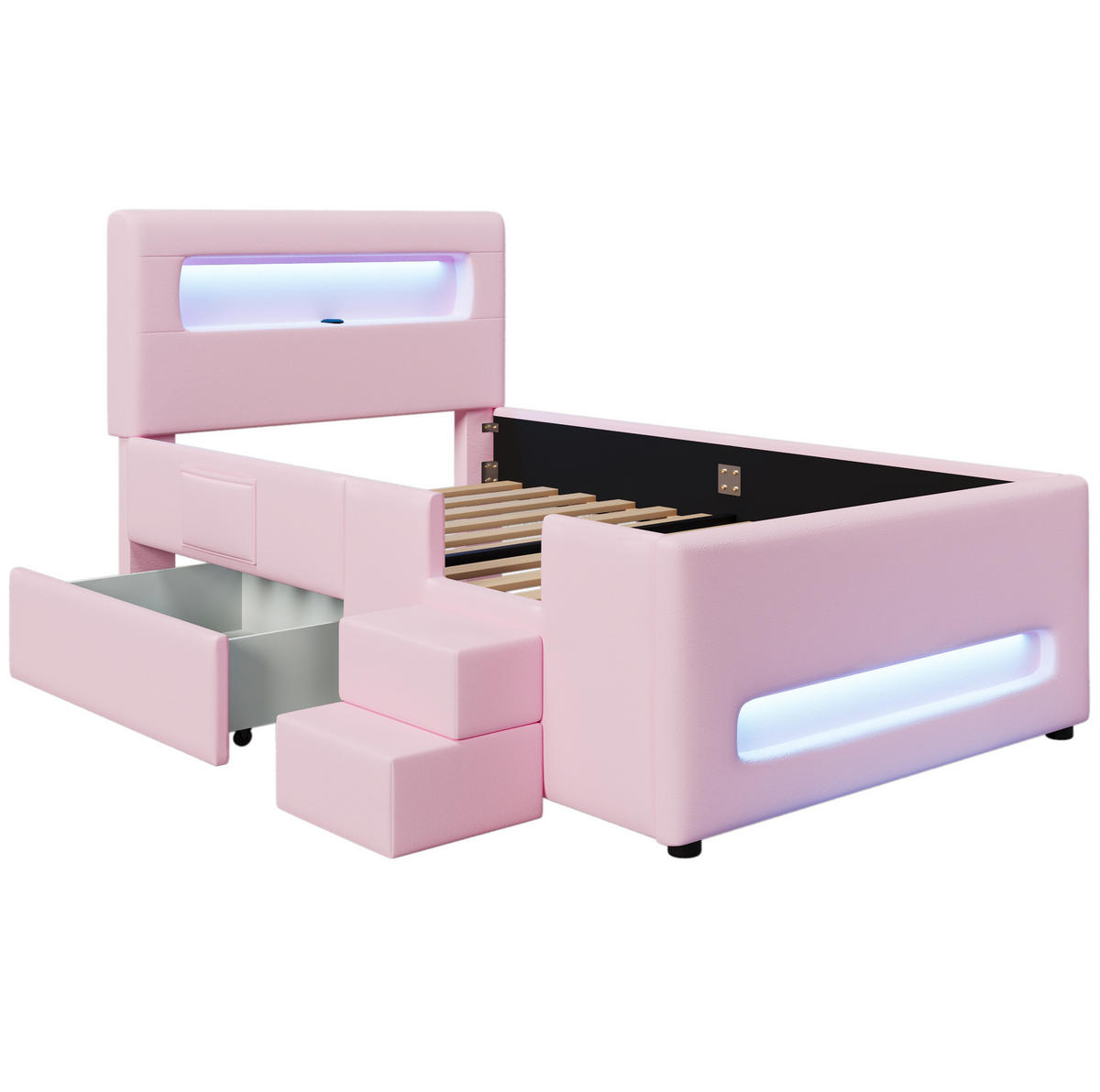 POLSTERBETT 90/200 cm rosa aus MDF/PU mit LED und Schublade - Rosa, Holzwerkstoff (90/200cm) - OKWISH