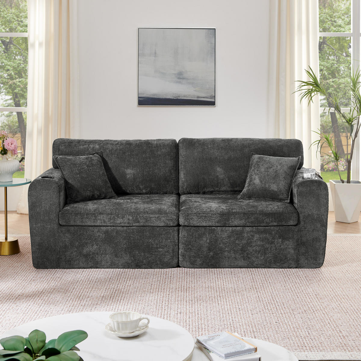 2-SITZER-RELAXSOFA mit Getränkehalter und Tasche, Chenille Schwarz - Schwarz, Kunststoff (220/89/100cm) - Meubliv