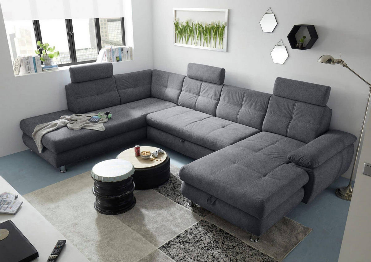 WOHNLANDSCHAFT mit Schlaffunktion, Bettkasten und verstellbaren Arm- und Kopflehnen - Chromfarben/Anthrazit, Textil/Metall (349/88/233cm) - ed exciting design
