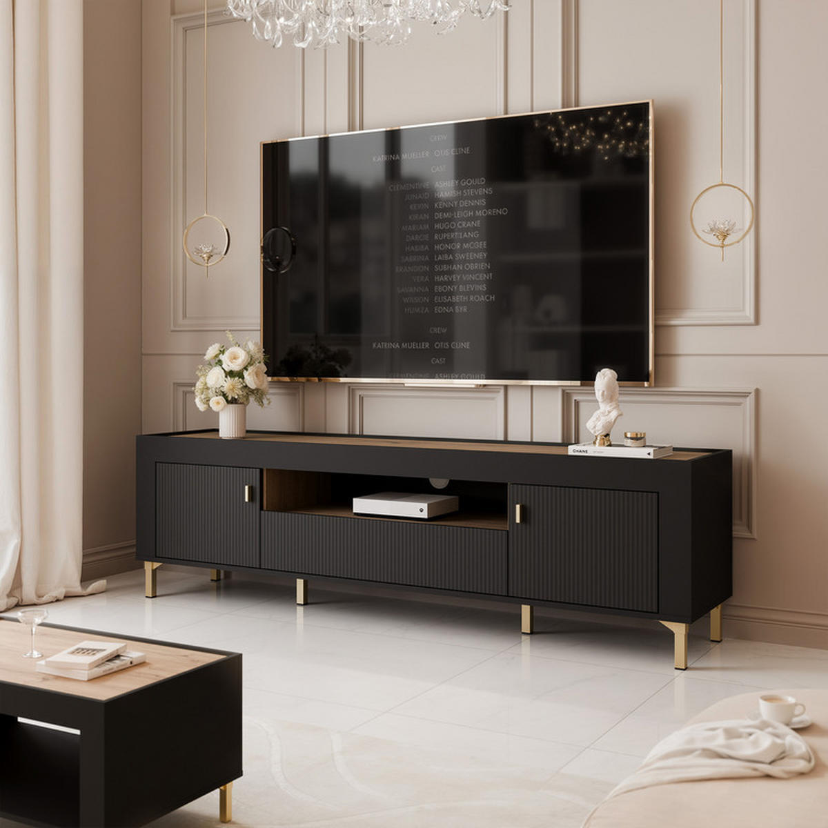 TV-LOWBOARD AVENA stehend, 177 cm Schwarz/Eiche - Schwarz, Holzwerkstoff/Kunststoff (177/52/40cm) - Idohome