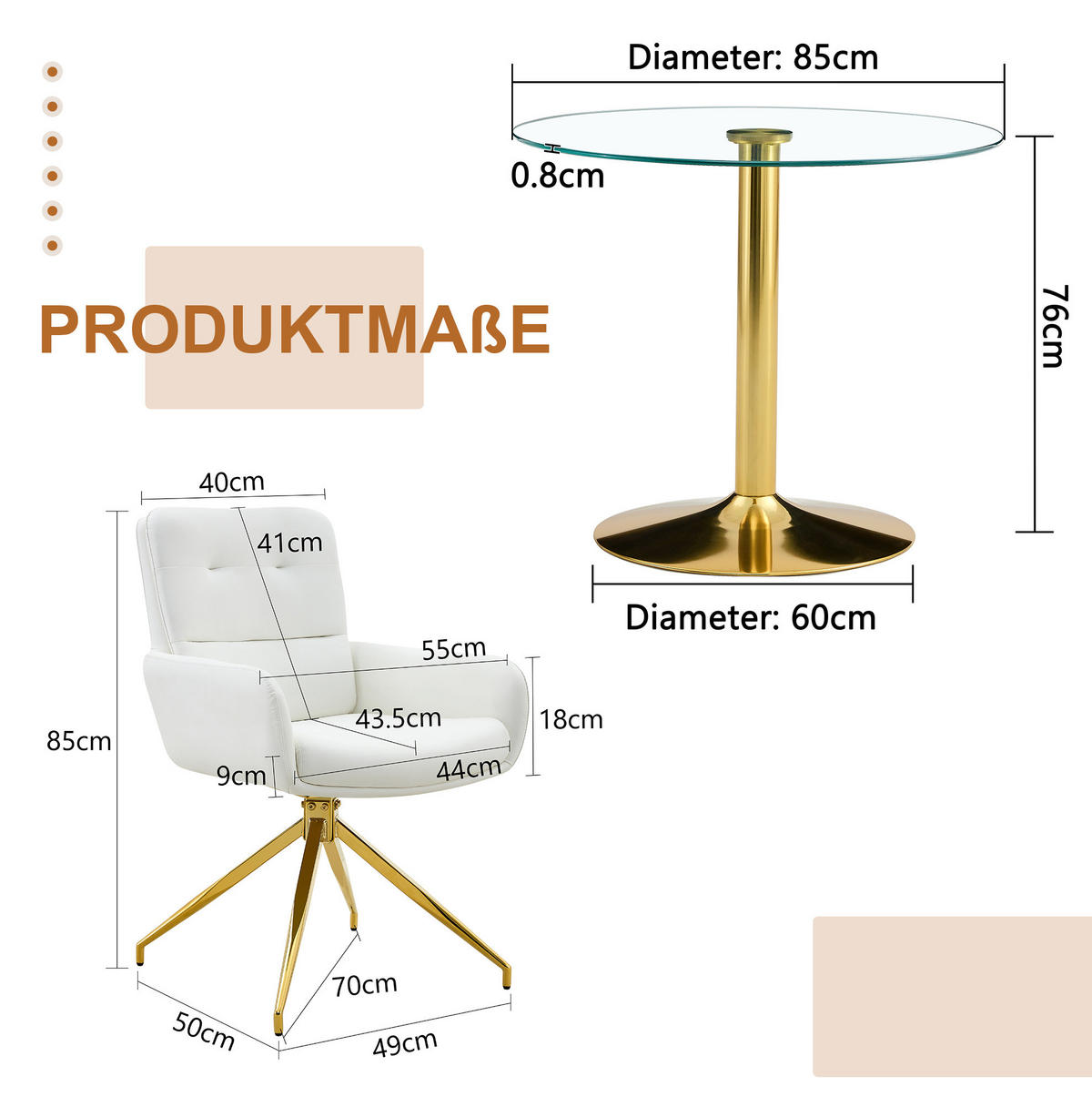 ESSZIMMER-SET 3-tlg. 85 cm Transparent Weiß-Gold - Weiß, Metall (85/76/85cm) - Meubliv
