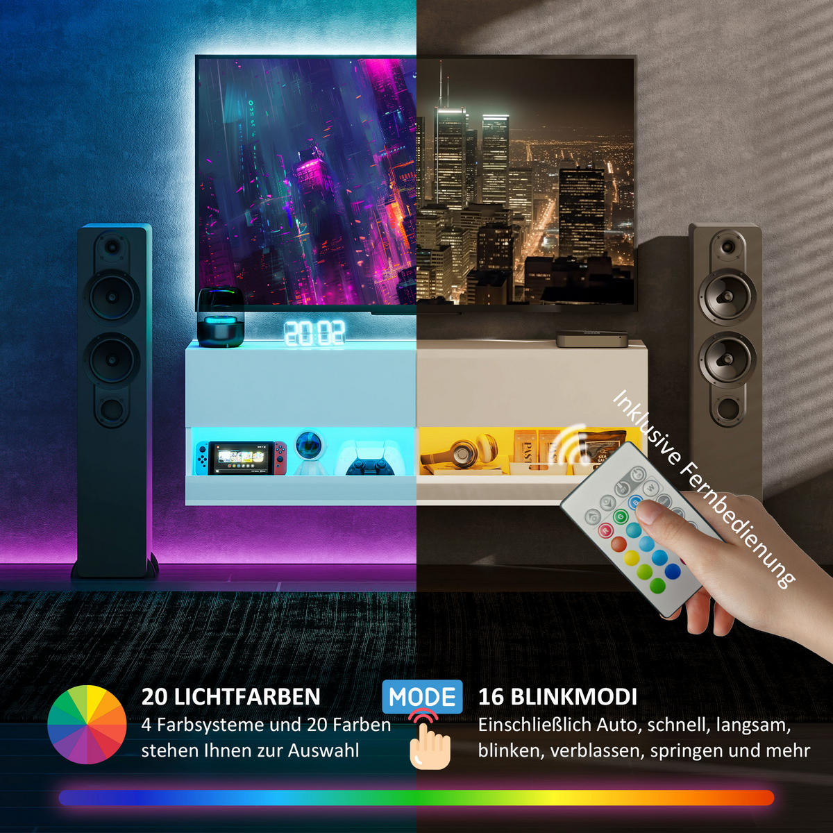 TV-HÄNGESCHRANK mit LED-Beleuchtung, TV-Schrank 120 x 35 x 40,5 cm Hochglanzweiß - Weiß, Holzwerkstoff (35/40.5/120cm) - HOMCOM