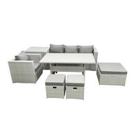 GARTENSET mit Esstisch,Sofa,Beistelltisch,3 Fußhocker Polyrattan Hellgrau 7-Sitzer - Hellgrau/Grau, Glas/Kunststoff - Fimous