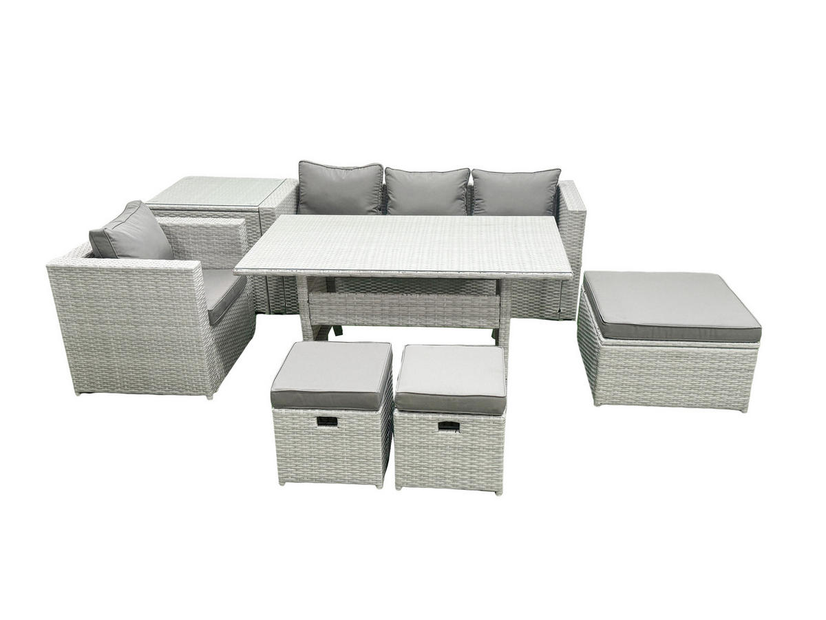 GARTENSET mit Esstisch,Sofa,Beistelltisch,3 Fußhocker Polyrattan Hellgrau 7-Sitzer - Hellgrau/Grau, Glas/Kunststoff - Fimous