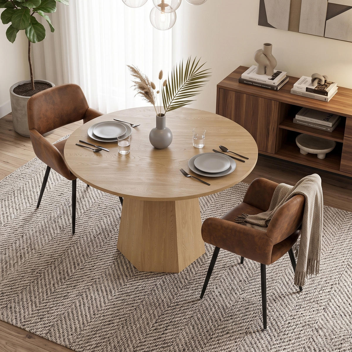 ESSGRUPPE 1+2 Runder Tisch Ø120cm Eiche & 2 braune Armlehnstühle - Eichefarben, Holzwerkstoff (120/75/120cm) - Urban Meuble